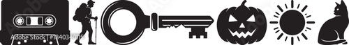 Diverse array of graphic symbols for hiking music key gear sun pumpkin snowflake and feline companion in dark tones