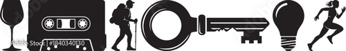 Essential objects collection featuring beverage cassette tape backpacker key light bulb and athlete icons silhouettes