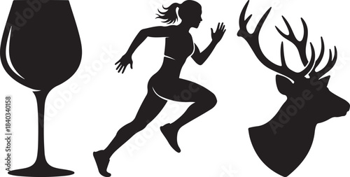 Group of black cutout shapes featuring wine glass runner deer head snowflake light bulb cassette and machinery part