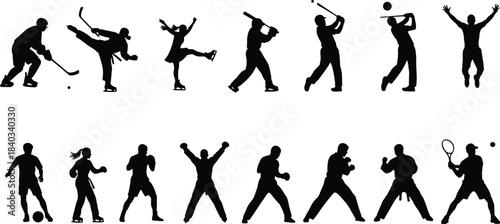 Dynamic black silhouette collection of diverse male and female athletes playing various sports including boxing and baseball.
