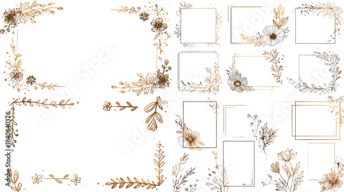 Elegant watercolor floral frame and border collection with soft botanical leaves and golden accents perfect for invitations stationery wedding design and refined branding.
