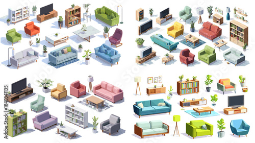 Modern interior illustration set featuring sofas armchairs shelves plants tables and decor elements in clean isometric style ideal for home design guides websites and lifestyle graphics.