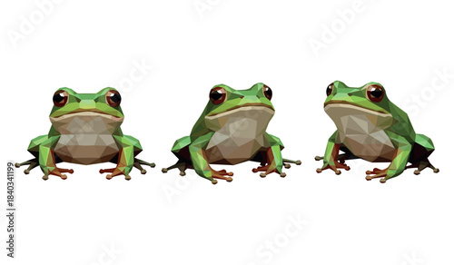 Geometric green frogs in low poly style on white background