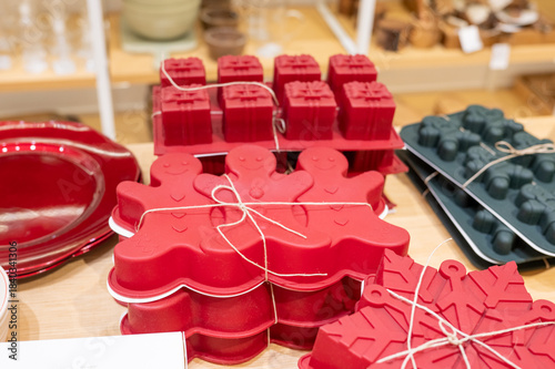 Red silicone baking molds for holiday cookies and cakes