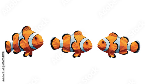 Three geometric clownfish in vibrant orange and white patterns