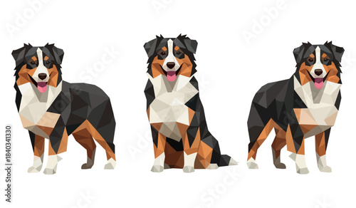 Abstract geometric dog trio with playful expressions and bright colors