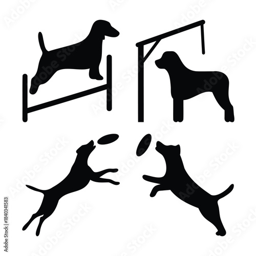 Dog agility training, playful pets, and grooming activity silhouettes Vector