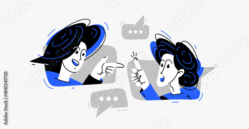 Two people talking online via some messenger with speech boxes, vector illustration of online video dialog, couple in speech bubbles.