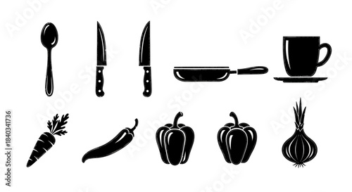 Black and White Kitchenware and Vegetables Still Life Illustration.