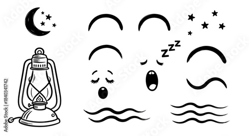 Black and white illustration of a lantern and sleeping faces.