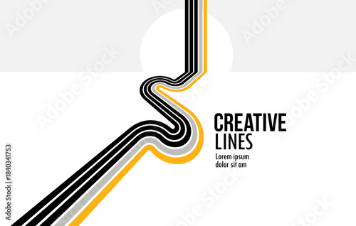 Future lines in 3D perspective vector abstract background, black and yellow linear composition, road to horizon and sky concept, optical illusion op art.