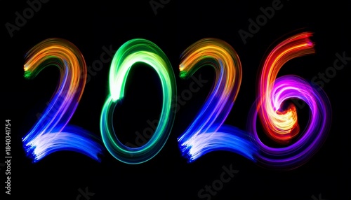 2026 Neon type vibrant color light on black background Fireworks illuminated Holiday celebration banner