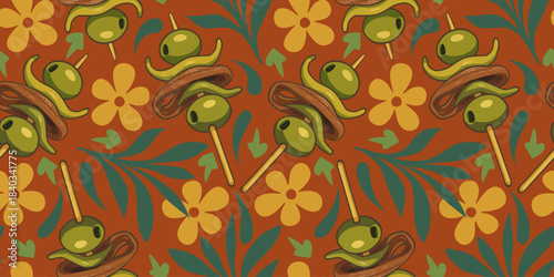 Vector seamless pattern with gilda canapes and flowers on orange background