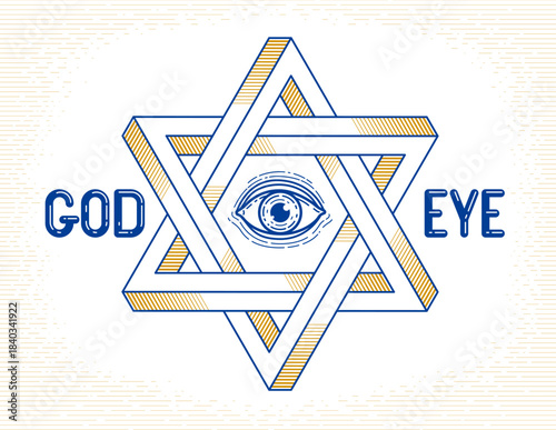 Jewish hexagonal star with all seeing eye of god sacred geometry religion symbol created from two dimensional triangles impossible shapes, vector logo or emblem design element.