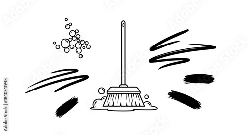 Broom cleaning with bubbles and streaks, a cleaning concept.