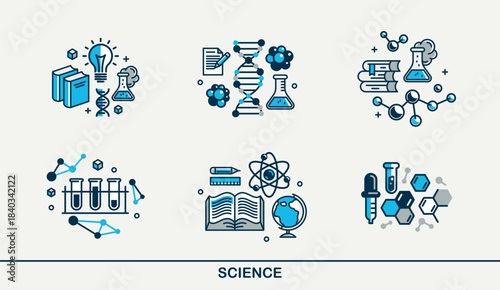 Science vector detailed icons set, physics and chemistry bundle, mathematics and geography study education.