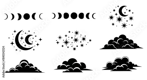 Celestial and Cloud Silhouettes Set Moon Phases Stars and Night Sky Elements.
