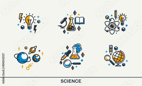 Science vector detailed icons set, molecules and atoms laboratory experiment, book university study, flask and tube experiment.