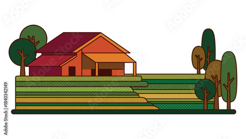 A quaint country home with vibrant terraced fields and lush trees evokes serenity. Ideal for showcasing peaceful living, sustainable designs, and rural real estate.