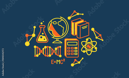Science vector detailed icon, molecules and atoms laboratory experiment, book university study, flask and tube experiment.