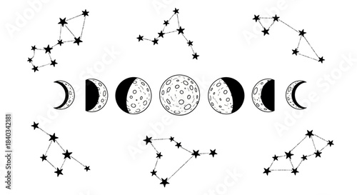 Celestial Constellations and Moon Phases Hand Drawn Illustration.