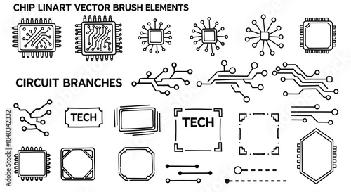 Chip Linart Vector Brush Elements and Circuit Branches.