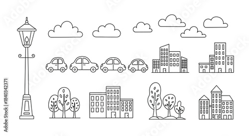 Cityscape Elements - Buildings, Cars, Clouds, and Streetlight in Line Art.