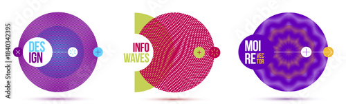 Graphic design elements vector set, moire trendy layouts with circles, posters and covers abstract modern art, optical art banners.