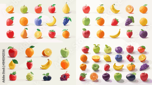 Colorful collection of fresh fruit illustrations featuring apples bananas berries citrus and tropical varieties presented in clean modern style for food design and healthy lifestyle themes.