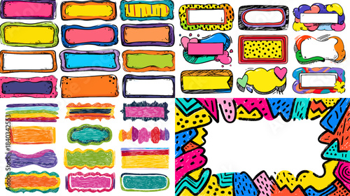 A playful collection of colorful doodle frames with bold strokes, vibrant patterns, and fun shapes ideal for stickers, posters, journaling, scrapbooking, and creative design projects.
