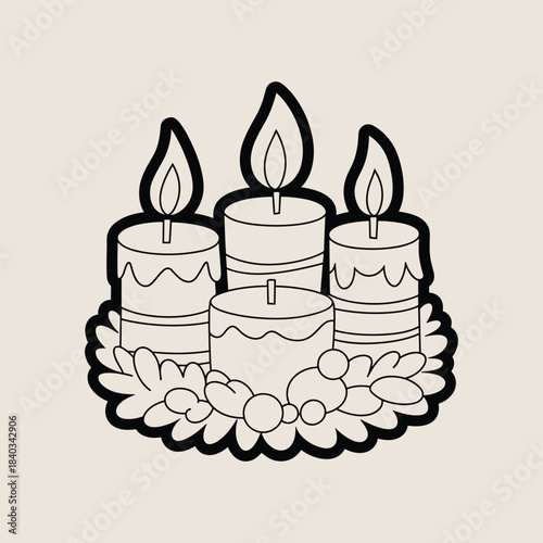 Black and white illustration of four lit candles on a decorative plate