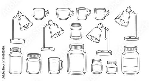 Collection of Desk Lamps, Mugs, and Jars in Line Art Style.