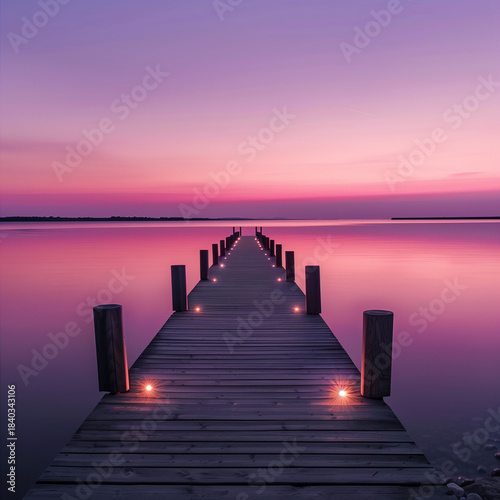 The dock stretches gently toward the water, reflecting soft pink light, while the sky glows in deep shades of blue and purple, creating a serene and magical atmosphere.