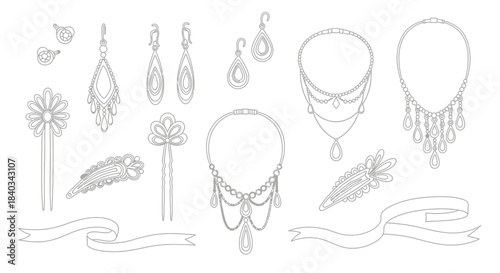 Collection of elegant jewelry and accessories hand-drawn sketch.