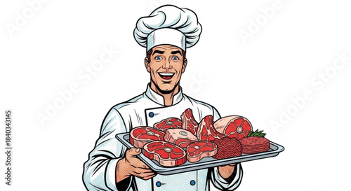 Chef smiling and holding a tray of raw meat in kitchen  