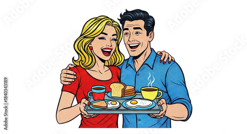 Happy couple serving breakfast on tray with coffee and eggs  