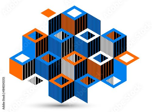Abstract vector wallpaper with 3D isometric cubes blocks, geometric construction with blocks shapes and forms, cubic polygonal low poly theme.