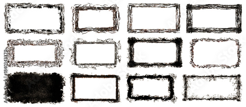 Old abstract grunge frame background set. featuring distressed edges brush stroke borders dirty texture and black ink splash effect.