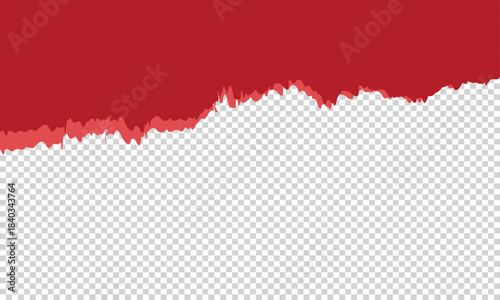 Red torn paper edge on transparent background. Rough red torn paper strip with an uneven ripped edge against a transparent background, useful for design overlays and creative layouts.

