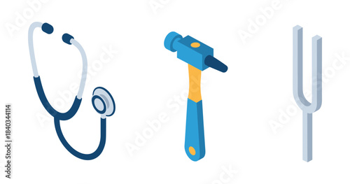 Medical instruments: stethoscope, reflex hammer, tuning fork in isometric view