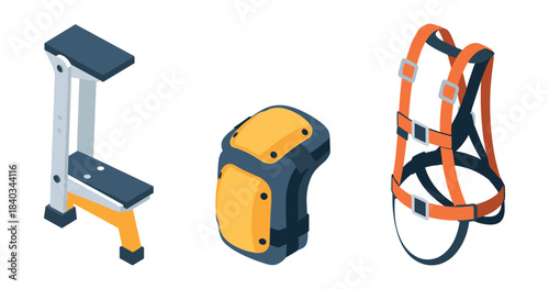 Isometric gym bench, knee pad, and safety harness for fitness and climbing