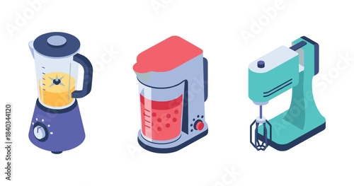 Kitchen appliances: blender, coffee maker, mixer in isometric view