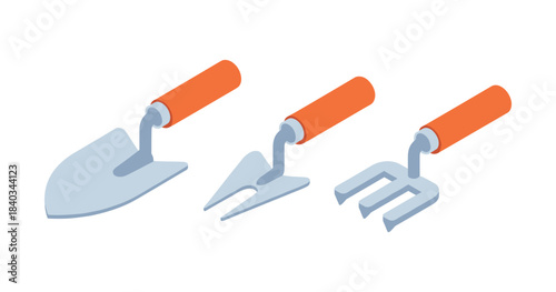 Set of gardening tools with orange handles on white background