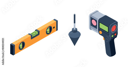 Construction tools set: level, plumb bob, infrared thermometer