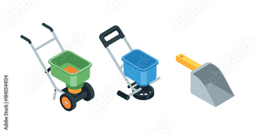 Garden equipment set with fertilizer spreader and scoop for landscaping and lawn care
