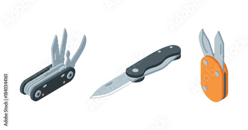 Variety of tools: multitool, pocket knife, and swisstool on white background