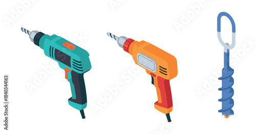 Colorful electric drills and auger bit set on white background