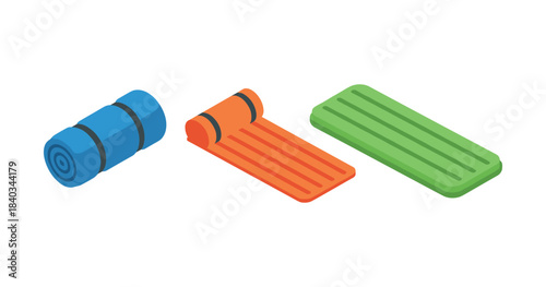 Colorful isometric camping mats: blue rolled, orange unrolled, green inflated