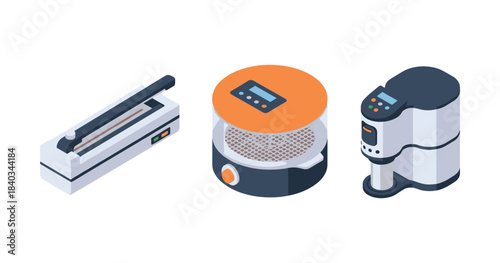 Modern kitchen appliances set with vacuum sealer, food dehydrator, and coffee machine