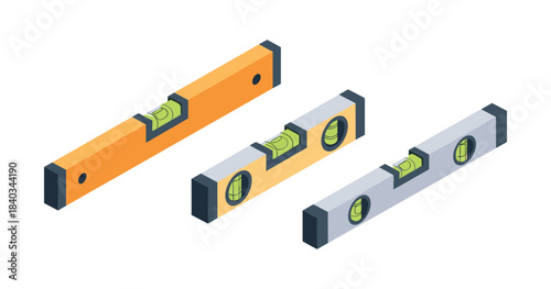Set of three isometric spirit levels in orange and gray